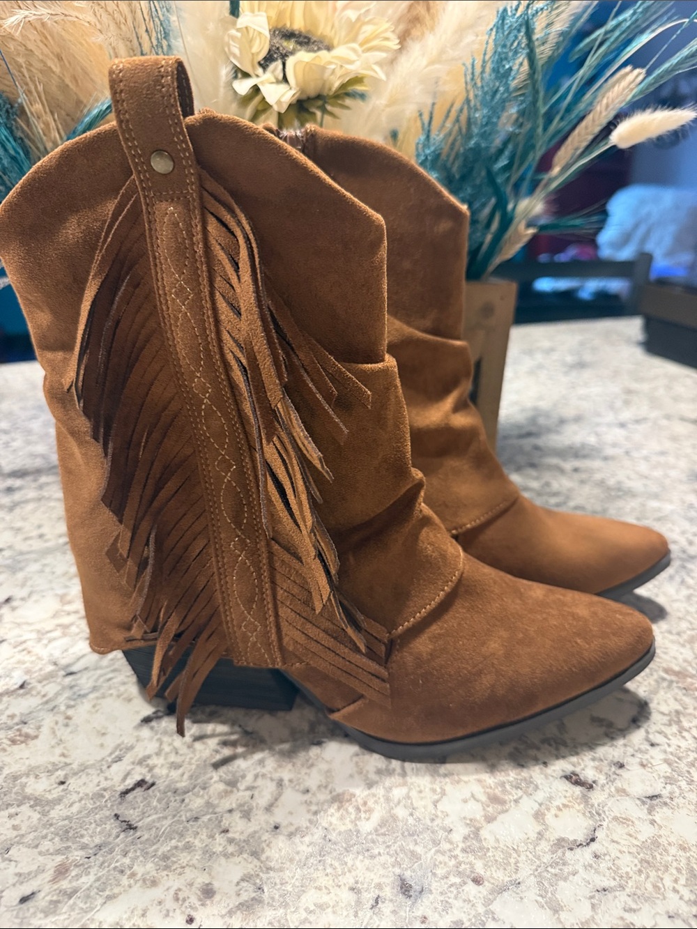 Suede Fringe Western Ankle Boots - Brown
